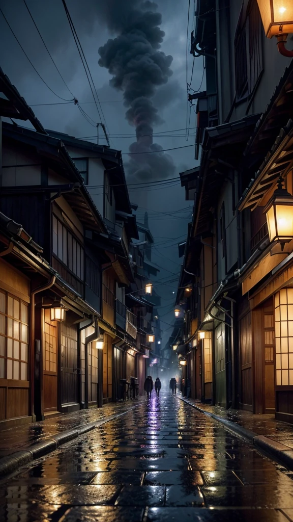 A narrow alley in Japan on a rainy night, wet cobblestones, lanterns hanging from the buildings, steam rising from the ground, silhouettes of people walking under umbrellas, reflections on the wet pavement, moody blue and purple tones, cinematic lighting, highly detailed, realistic, photorealistic