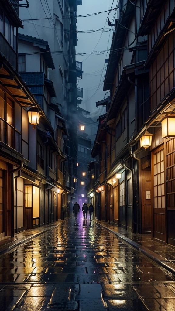 A narrow alley in Japan on a rainy night, wet cobblestones, lanterns hanging from the buildings, steam rising from the ground, silhouettes of people walking under umbrellas, reflections on the wet pavement, moody blue and purple tones, cinematic lighting, highly detailed, realistic, photorealistic