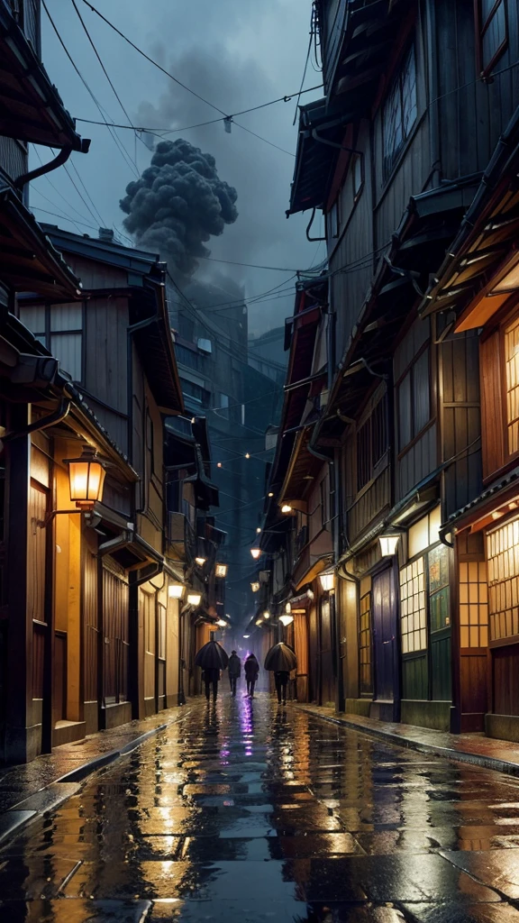 A narrow alley in Japan on a rainy night, wet cobblestones, lanterns hanging from the buildings, steam rising from the ground, silhouettes of people walking under umbrellas, reflections on the wet pavement, moody blue and purple tones, cinematic lighting, highly detailed, realistic, photorealistic