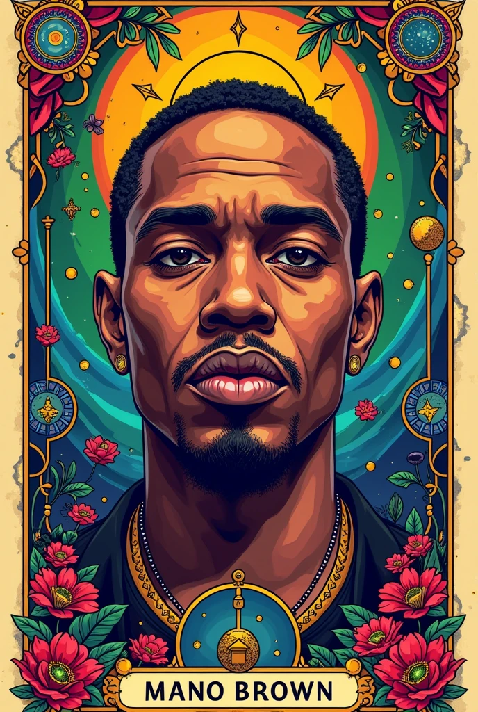 Tarot card featuring Brazilian rapper Mano Brown on a more colorful background