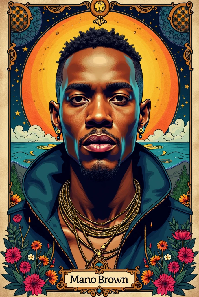 Tarot card featuring Brazilian rapper Mano Brown on a more colorful background