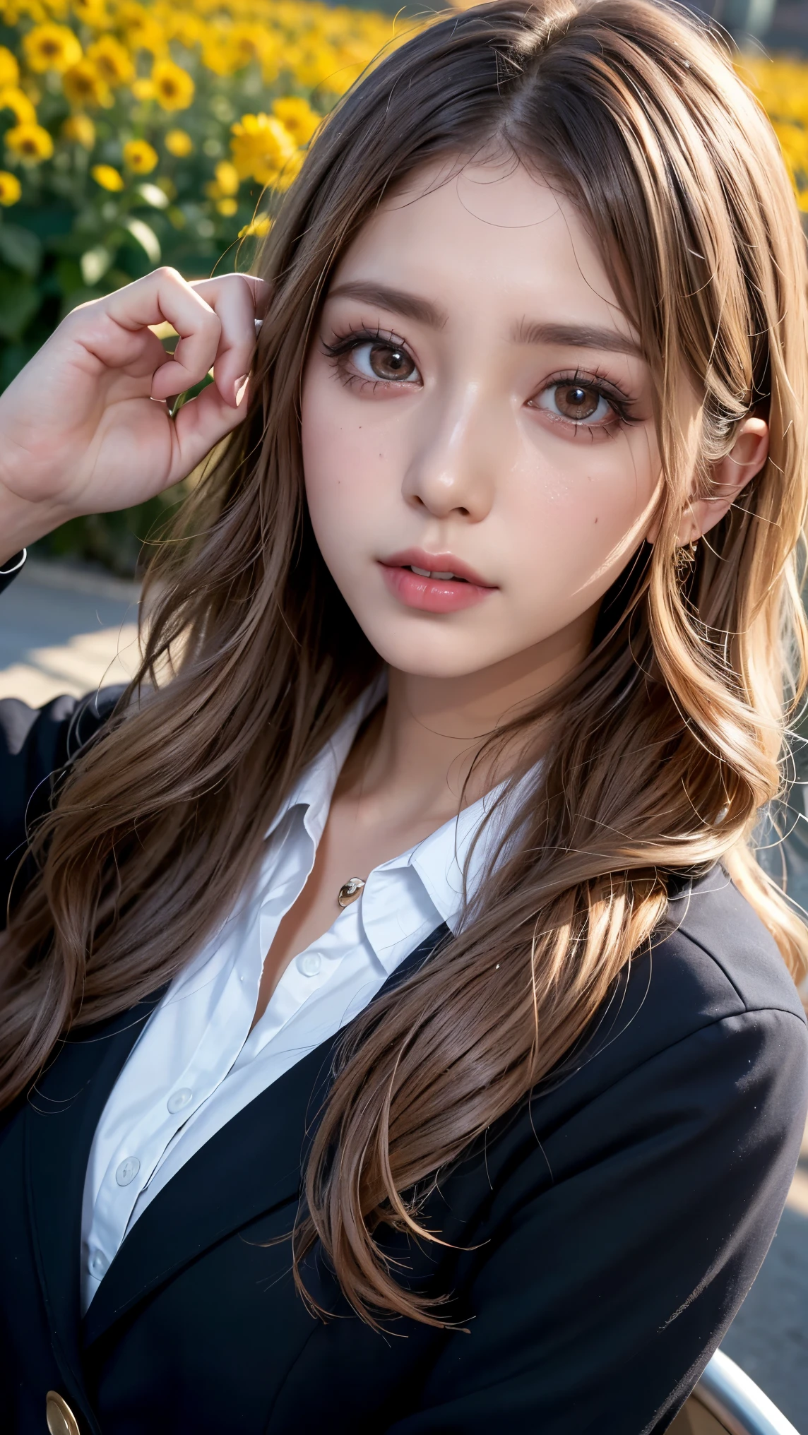 Realistic, masterpiece, Highest quality, Highest Resolution, Japanese , , Upper body photo, Looks sleepy, Spaced out, Open your mouth, Beautiful and detailed eye drawing, (Droopy eyes:1.3), Dark Eyes, Thin eyebrows, Draw eyelashes carefully, Eyelash extensions, Gal Makeup, Orange Cheeks, (White brown wavy hair, Long Hair, middle part:1.3), (Hidden eyelid wrinkles:1.3), (Gothic uniform, blazer:1.2), (The subject was photographed from above at an angle:1.3), (Flower Field:1.3), (Face close-up, Stand up and impress the crowd:1.5)