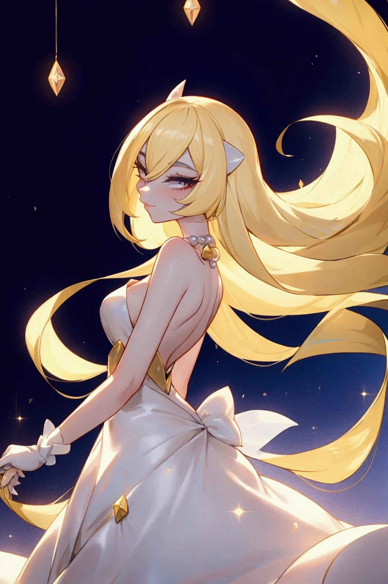 Create a character similar to Cynthia from Pokemon Diamond and Pearl, but aged 20 years old., blonde, in a beautiful party dress