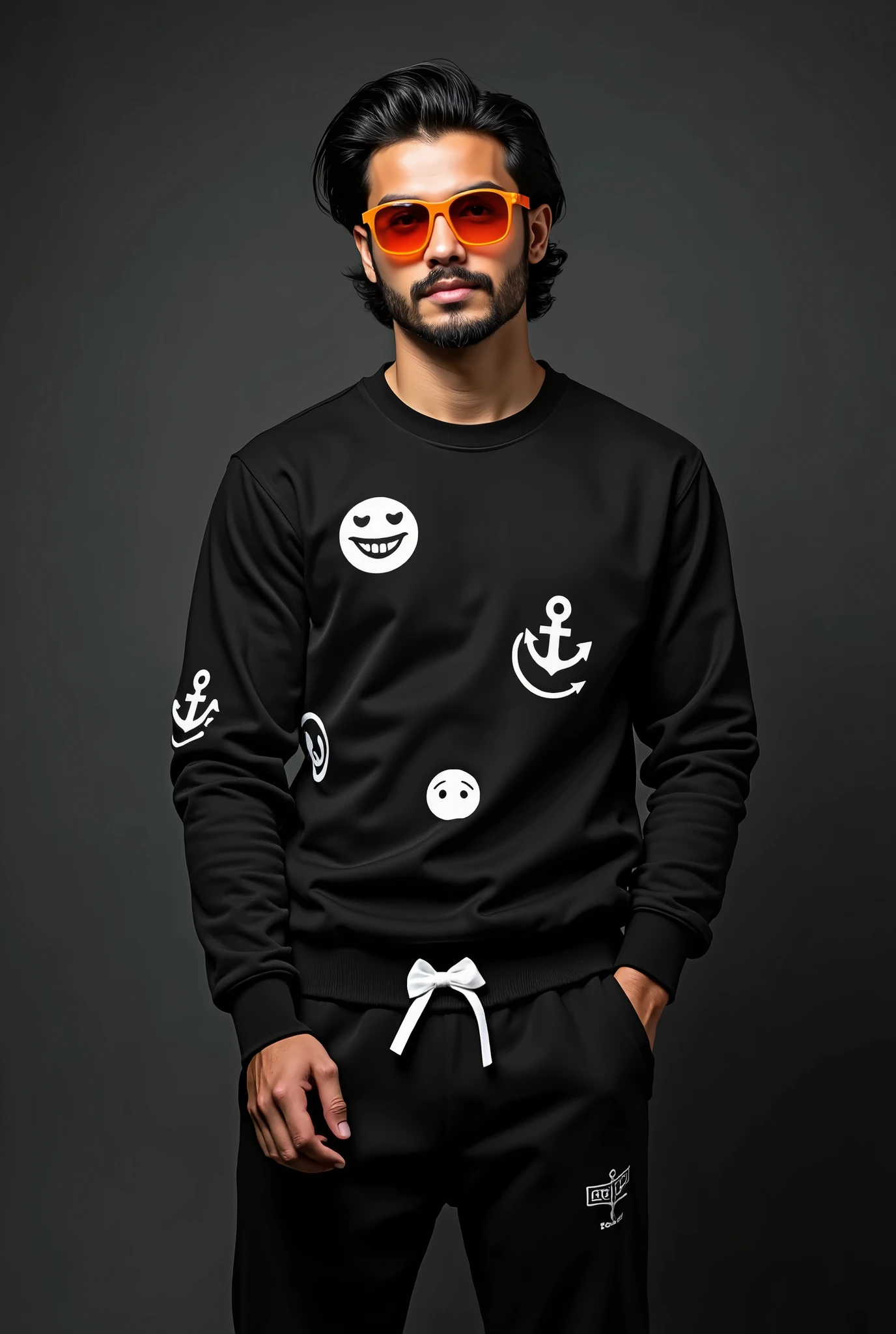 25-year-old dark-haired man, with dark brown eyes, medium-length black wavy hair, modern black anchor beard, wearing a black long-sleeved shirt with white emoji designs, with orange sunglasses and black sweatpants with a white bow on a dark gray background.