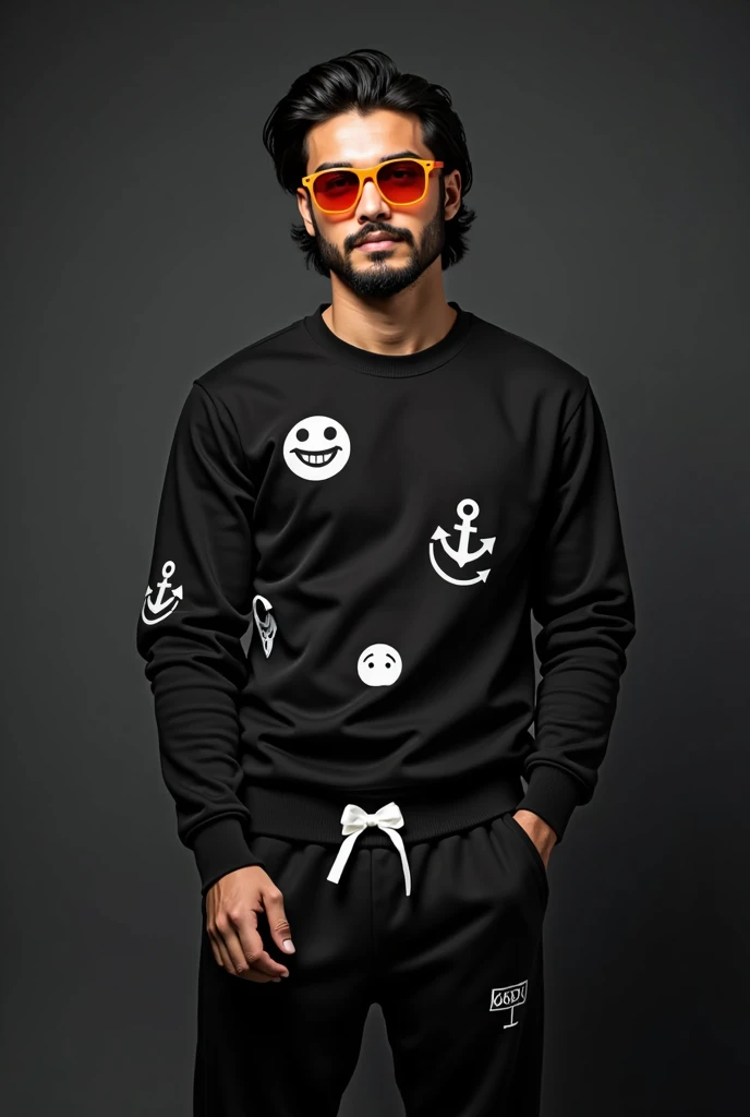 25-year-old dark-haired man, with dark brown eyes, medium-length black wavy hair, modern black anchor beard, wearing a black long-sleeved shirt with white emoji designs, with orange sunglasses and black sweatpants with a white bow on a dark gray background.