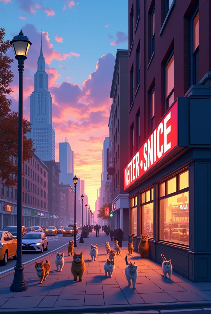 New York City, sunset of blue and purple in the background, an office that says veterinary in large letters and with 15 cats outside walking in the street