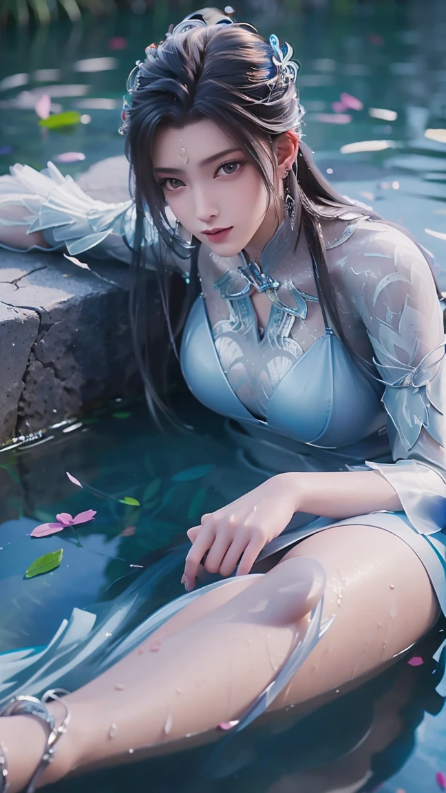 A girl lying on the bed under the stars, delicate smile, beautiful delicate eyes, beautiful delicate lips, extremely delicate face and eyes, long eyelashes, sexy body, flowing hair, best picture quality, famous works, ultra high resolution, (realistic :1.4), RAW photos, (Beautiful face :1.2), (Lying on the water :1.5), 1 girl, (surreal), (8k), (4K), physical rendering, starry sky, ((full body shot)), barefoot, cross-legged, wearing a dress, long skirt,Blue Bikini,Very large breasts,Show your belly button
