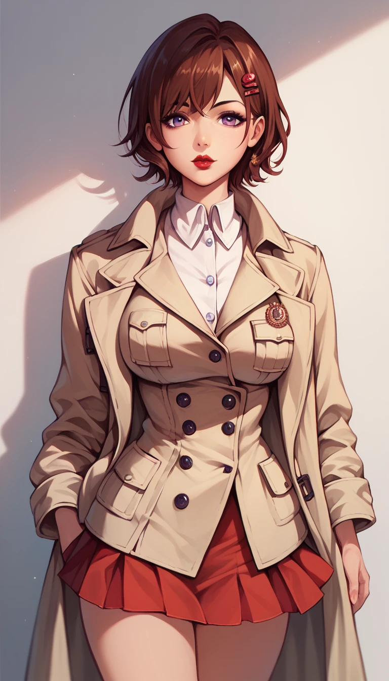 best quality, solo, 1girl, madoka higuchi, (purple eyes, brown hair, short hair, hairpin), (red lips), looking at viewer, (large breast), (Trench coat, mini skirt), cowboy shot