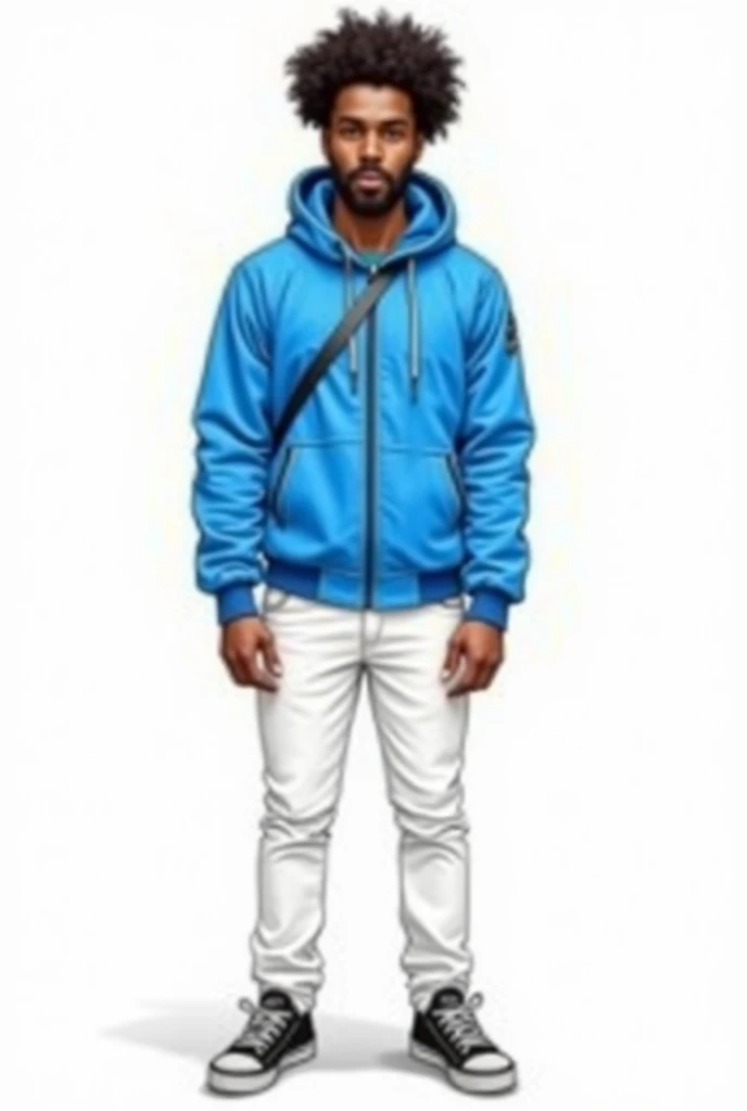 a drawing, high qualiy, bright coloured, one men, 30years, light afro descendant, barba, Average height, stark, Seriously, Blue jacket, White pants, black sneakers, fully body, white background