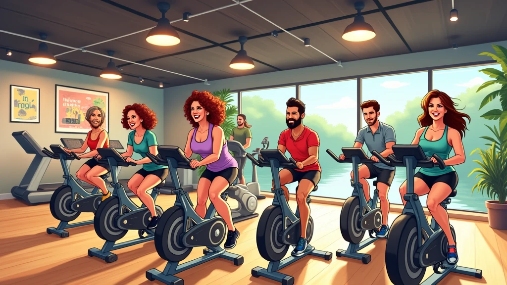 Cartoon Style，there are many people on exercise bikes in a 健身房，background a gym, hedonic treadmill, healthy, Plenty of light, Natural soft lighting,