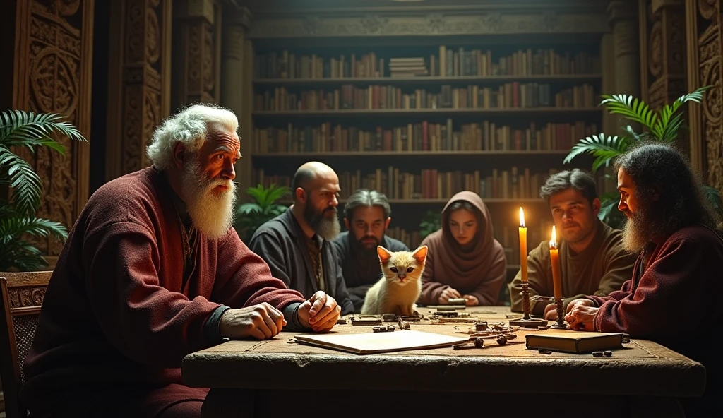 Michel Nostradamus in a temple on a table full of books from his time with a candle and a cat on the table, behind a bookshelf full of books and some plants, in addition to placing some people talking to him