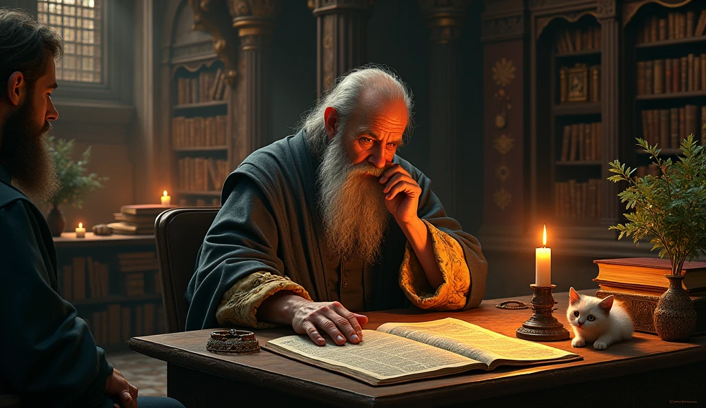 Michel Nostradamus in a temple on a table full of books from his time with a candle and a cat on the table, behind a bookshelf full of books and some plants, in addition to placing some people talking to him