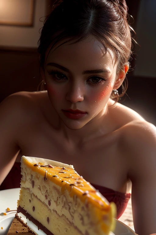 Photorealistic Appetizing slice of cherry cheesecake with chocolate, delicious, fragrant, close-up, highly detailed, intricate detail, raw photo, lifelike rendering, immersive atmosphere, chiaroscuro, moody lighting, candaceowens ((covered in cheese cake))