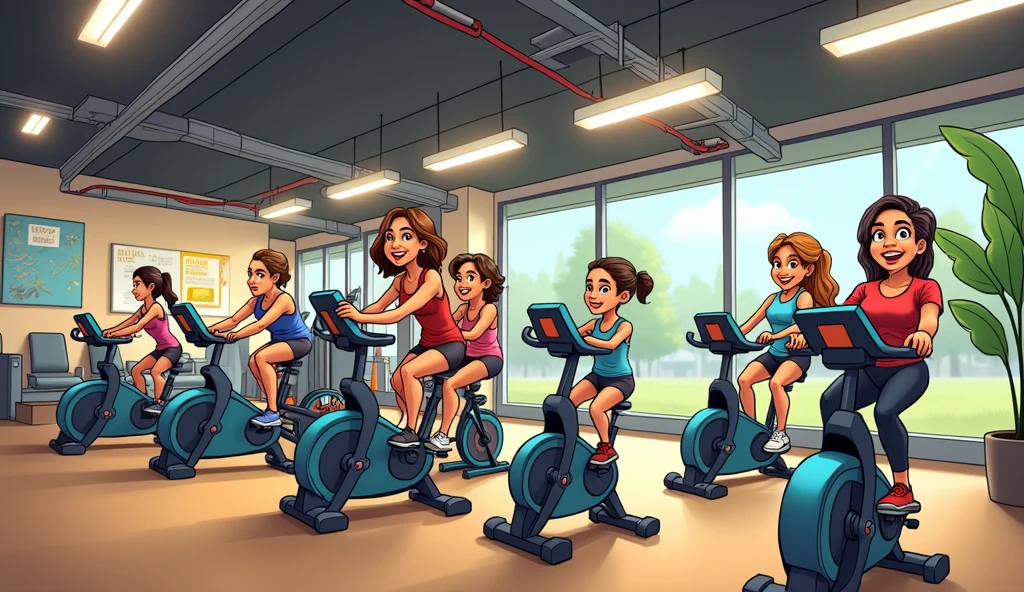 Cartoon Style，there are many people on exercise bikes in a 健身房，background a gym, hedonic treadmill, healthy, Plenty of light, Natural soft lighting,