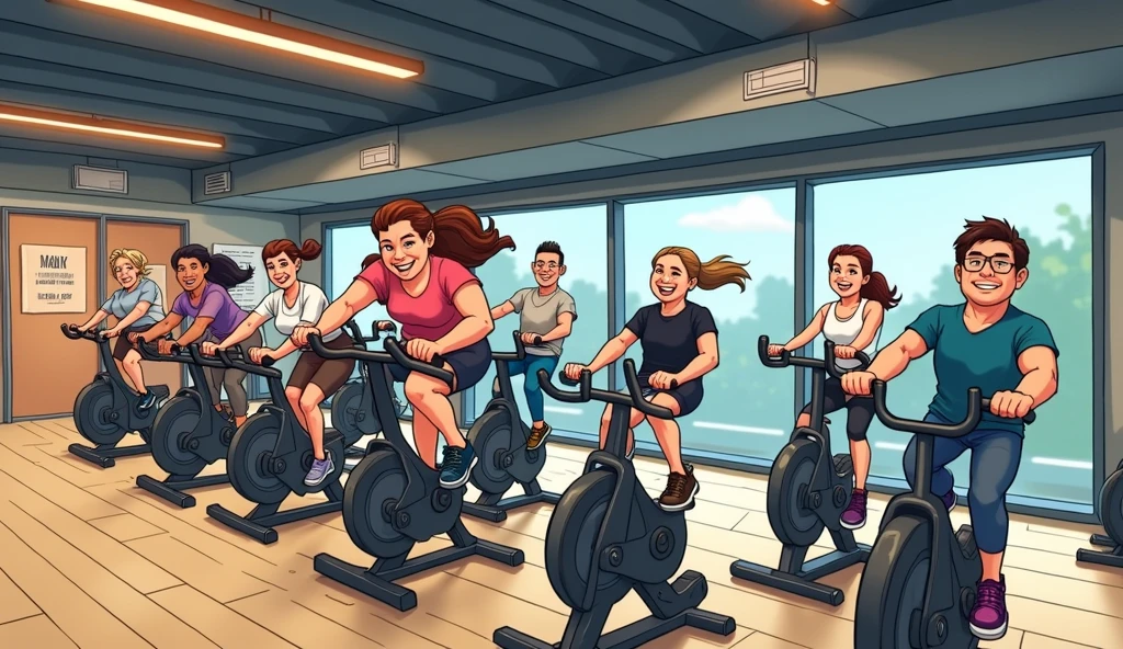 Cartoon Style,there are many people on exercise bikes in a 健身房,background a gym, hedonic treadmill, healthy, Plenty of light, Natural soft lighting,