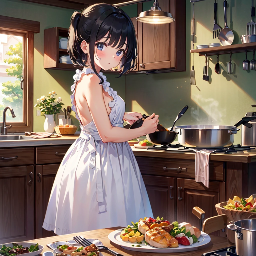 {{{Masterpiece, highest quality, high resolution background}}}, bright and beautiful atmosphere, 1 girl (, round face, baby face), small breasts, very beautiful kitchen system, mother and daughter seem to have fun in the kitchen A mini pig watching from behind while cooking, "deltamon_sdXL :0.73)>Deltamon"