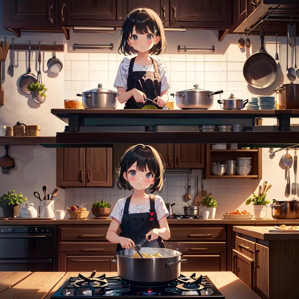 Masterpiece, highest quality, high-resolution background, bright and beautiful atmosphere, 3 girls (, 1 short-tempered round face), 1 (hair, surface effects), small breasts, very bright atmosphere, on the kitchen water tap A girl who is trying to throw away the hot water in a cup of yakisoba, a large amount of noodles comes out along with the hot water, a girl with a panicked face, holding the cup of yakisoba with both hands and tilting it, "deltamon_sdXL :0.73) >Deltamon"