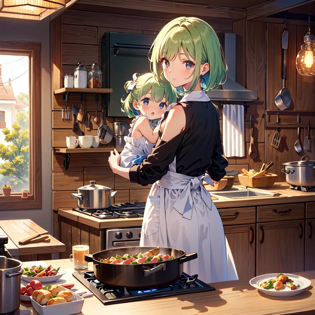 {{{Masterpiece, highest quality, high resolution background}}}, bright and beautiful atmosphere, 1 girl (, round face, baby face), small breasts, very beautiful kitchen system, mother and daughter seem to have fun in the kitchen A mini pig watching from behind while cooking, "deltamon_sdXL :0.73)>Deltamon"