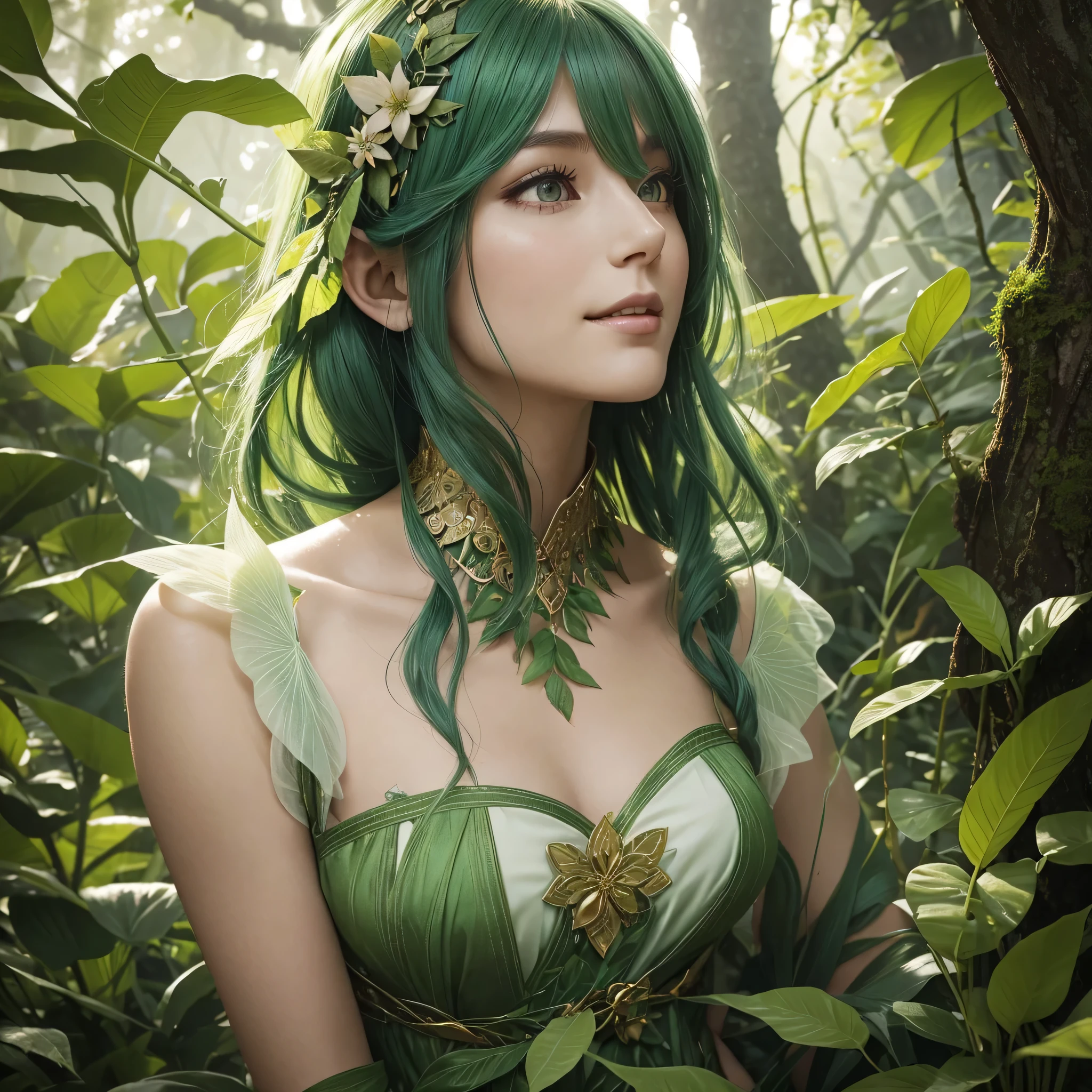 "A Leaf Fairy, a mystical creature connected deeply with nature and the wind. She has flowing green hair, delicate wings resembling leaves and flowers, and eyes that exude the vitality of nature. Though she appears to be in her early 20s, her true age is unknown, adding to her enigmatic aura. She is dressed in modest, plant-based clothing that emphasizes her close bond with the earth. Her expression is always gentle and calm, with a motherly smile that radiates warmth and serenity. New Leaf Fairies emerge from the ancient trees and fertile ground within lush forests, continuing the cycle of life in harmony with the natural world."