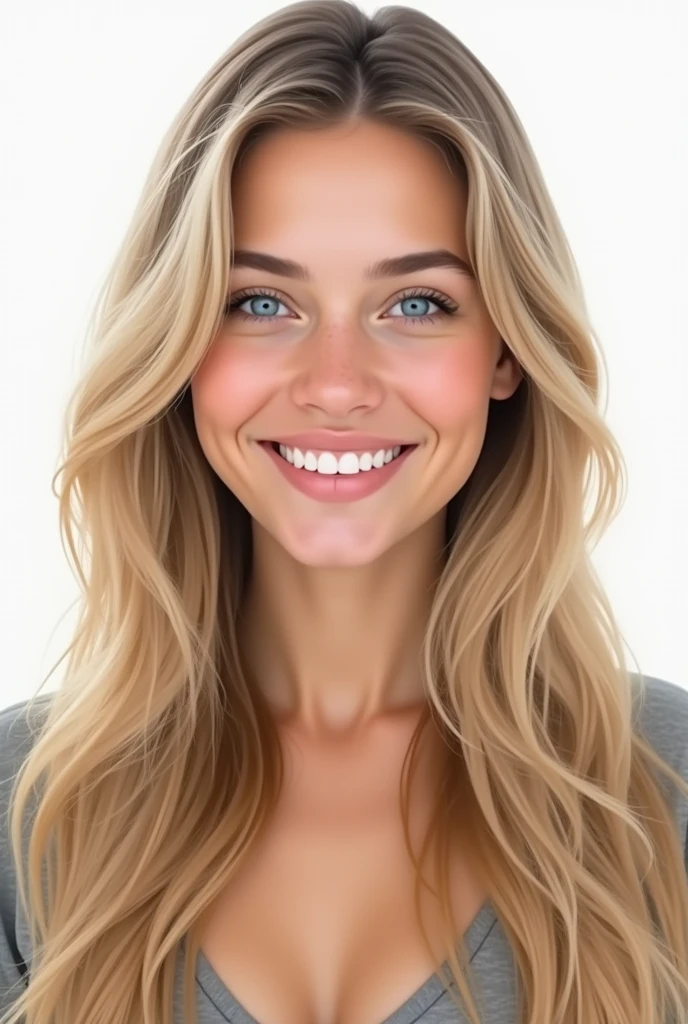 Belle fille de 20 ans, realistic, long hair, blond clair, blue eye, souriante, dent blanche, smooth hair, très realistic, cheveux très très plat, photo identité, sur fond png