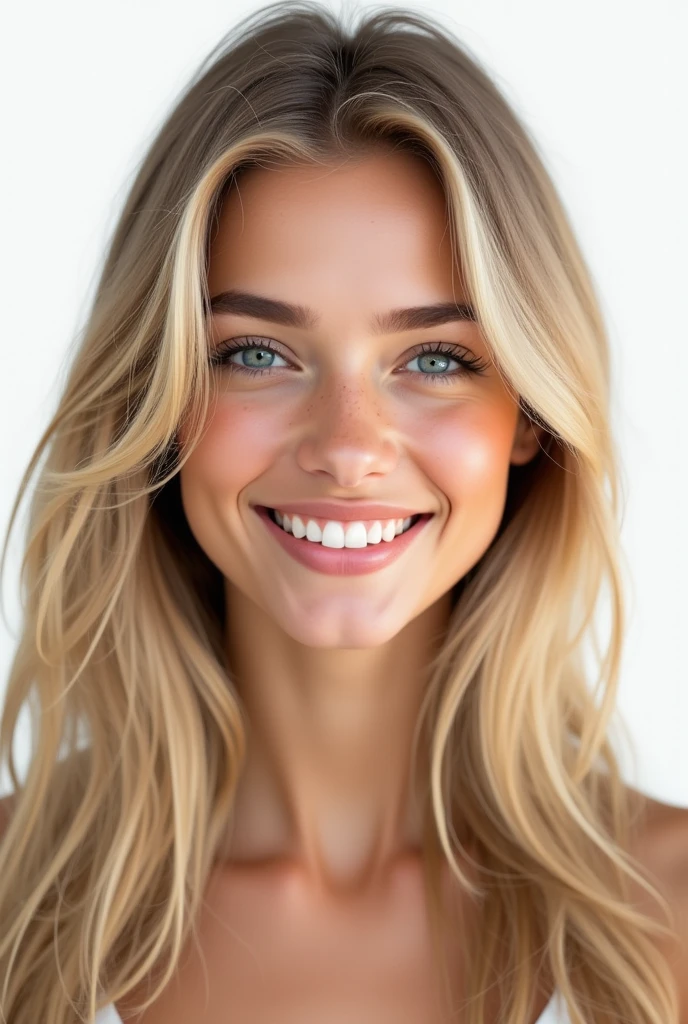 Belle fille de 20 ans, realistic, long hair, blond clair, blue eye, souriante, dent blanche, smooth hair, très realistic, cheveux très très plat, photo identité, sur fond png