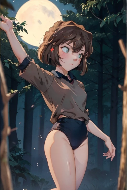 (masterpiece, highest quality),  (夜のdark森), One Girl, young teen, Black gymnastics bloomers, High leg、School Shirt, standing in night forest, Looking up at the forest、Anxious expression, Emotional, Wide-angle, dark, Best Shadow, watercolor,Haibara Ai