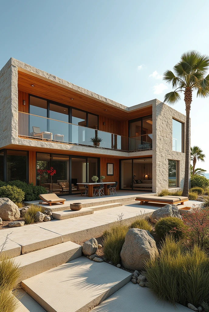 Beach house made of exposed brick and wood with first floor and leisure area