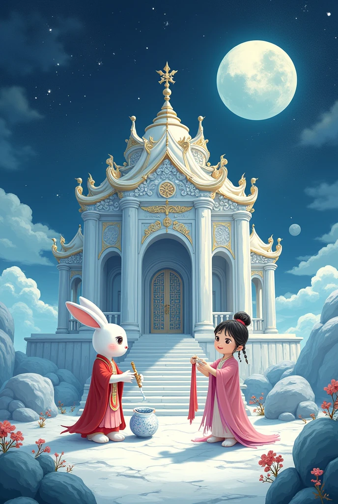 The white rabbit is on the moon. There is a palace on the moon called Guanghan Palace. The white rabbit and Chang'e are in Guanghan Palace. The white rabbit is making medicine and Chang'e is weaving clothes. The characters should be more obvious in the cartoon version.