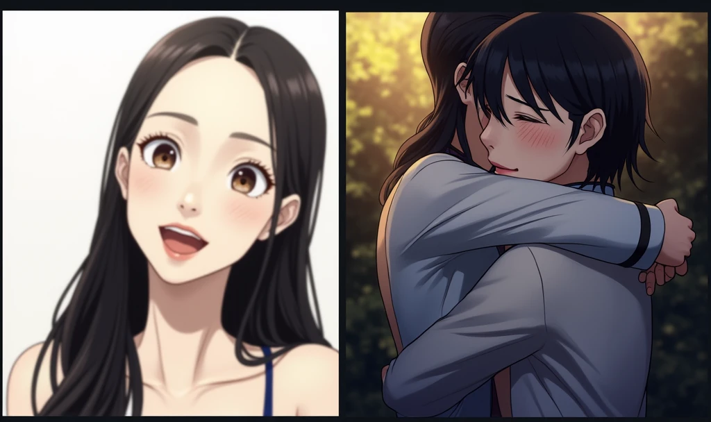 The person on the right will hug the person on the left, and the person on the left will hug the person on the right