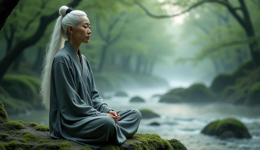 (wide angle shot) , A beautiful middle-aged woman in Asian Taoism, calm face, sitting on a nearby stone, with long white hair, sitting cross-legged, hands on both knees. Taoism, wearing a gray robe, miraculous aura, Taoist master, lush landscape, dark green, cherry blossom forest, fog, river.