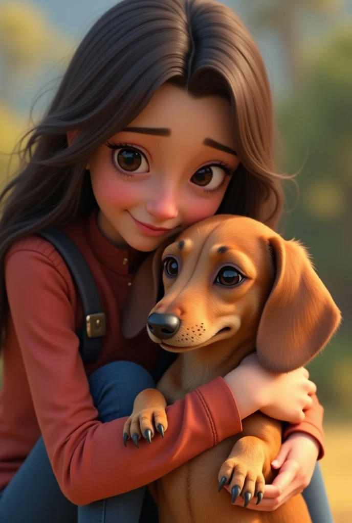 from this platform: "There is a small dachshund that has many white freckles on its nose., white freckles on the mouth and white freckles on the face, She has a light brown body and a teenager who is hugging her, straight black hair and brunette in Guaranda Ecuador. 