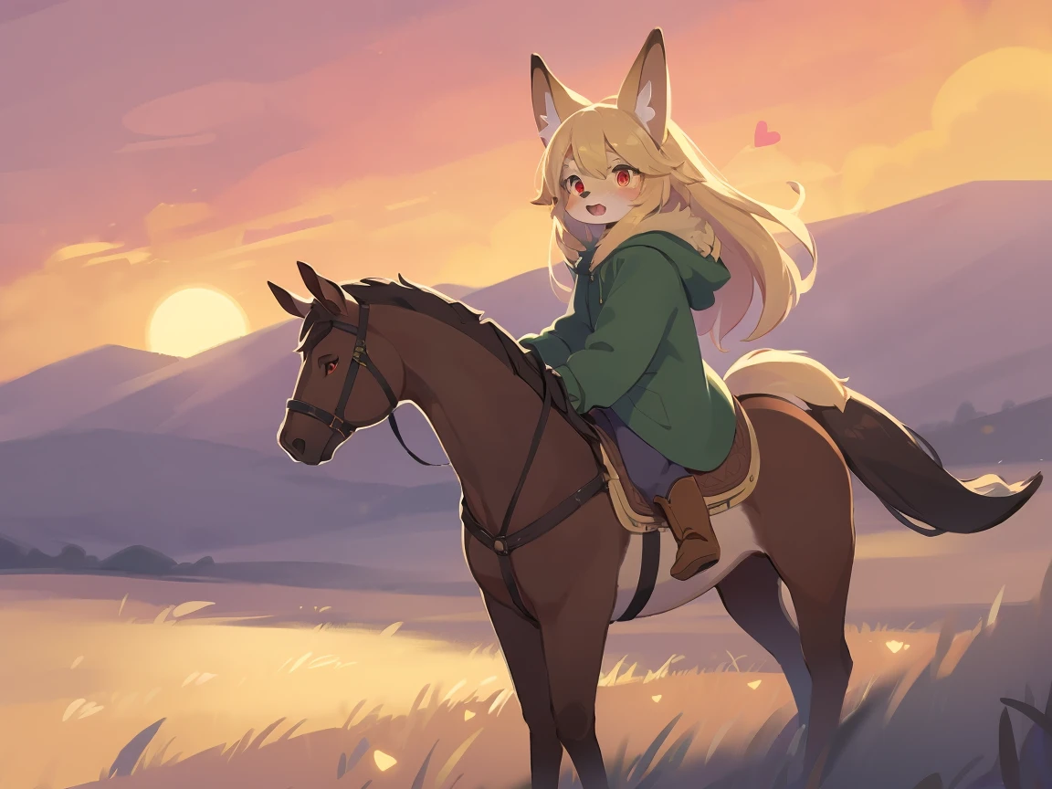 the fox, was hairy, shaggy, skin fur, smooth lashes, golden fur, forelimb hands, straight long blonde hair, solid circle eyes, golden ears, golden fur, golden facial fur, shiny hair, red eyes, heart-shaped eyes, super cute face, 1fox tail, fluffy tail, furry tail, glowing eyes, green coat green hood down, brown trousers, riding horse, rider looking behind, open mouth, pain face, embarrassed, ambient light, ultra-fine fur, dashed eyes, full body, masterpiece, pixiv, high quality, high-details, best quality, (((solo))), twilight, sun light, red sky, rim light