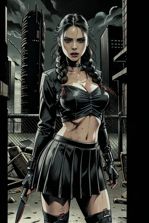 a beautiful detailed girl with long braided black hair, blue eyes, thin lips, round face, large breasts, wearing a cheerleader uniform, holding a serrated dagger, arrogant expression, zombie slayer protagonist, in a desolate city background, best quality, 8k, highres, photorealistic, hyper detailed, studio lighting, vivid colors, dramatic lighting, cinematic, conceptart style, dark fantasy