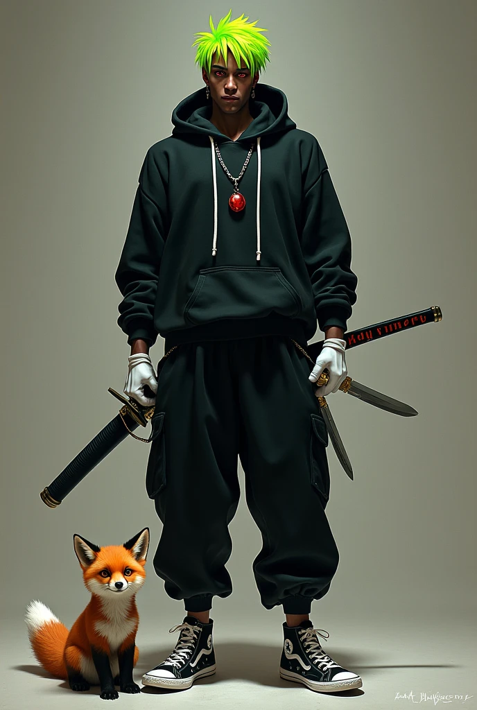 Man with green hair and yellow tips and red eyes with a katana, with a black hooded sweatshirt and soft black pants with white gloves, dark skin tone, but of course, with a psychopathic look, with black and white tennis shoes and 2 small knives, with a fox, with red earrings