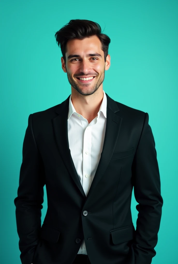 
A young man with dark hair and a confident smile. He is dressed in a black blazer over a white shirt. The man is positioned against aqua colour backdr