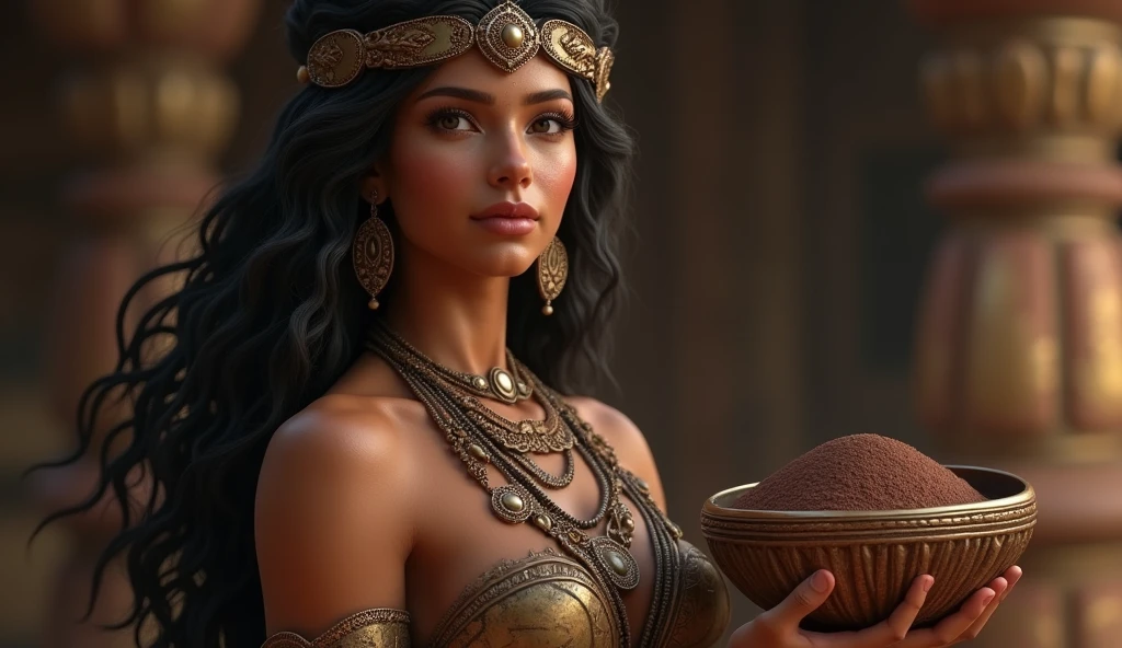realistic japanese mayan goddess IXCACAO light brown skin, soft long wavy hair, Mayan accessories around the neck holding a bronze bowl with melted cocoa inside, chocolate goddess, of fertility, of abundance and agriculture. Ao fundo, convey depth, cacau derretido Ao fundo, convey depth