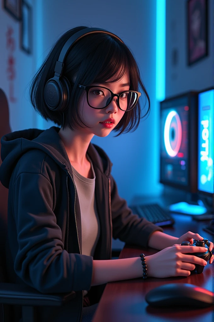 Short haired gamer girl with glasses