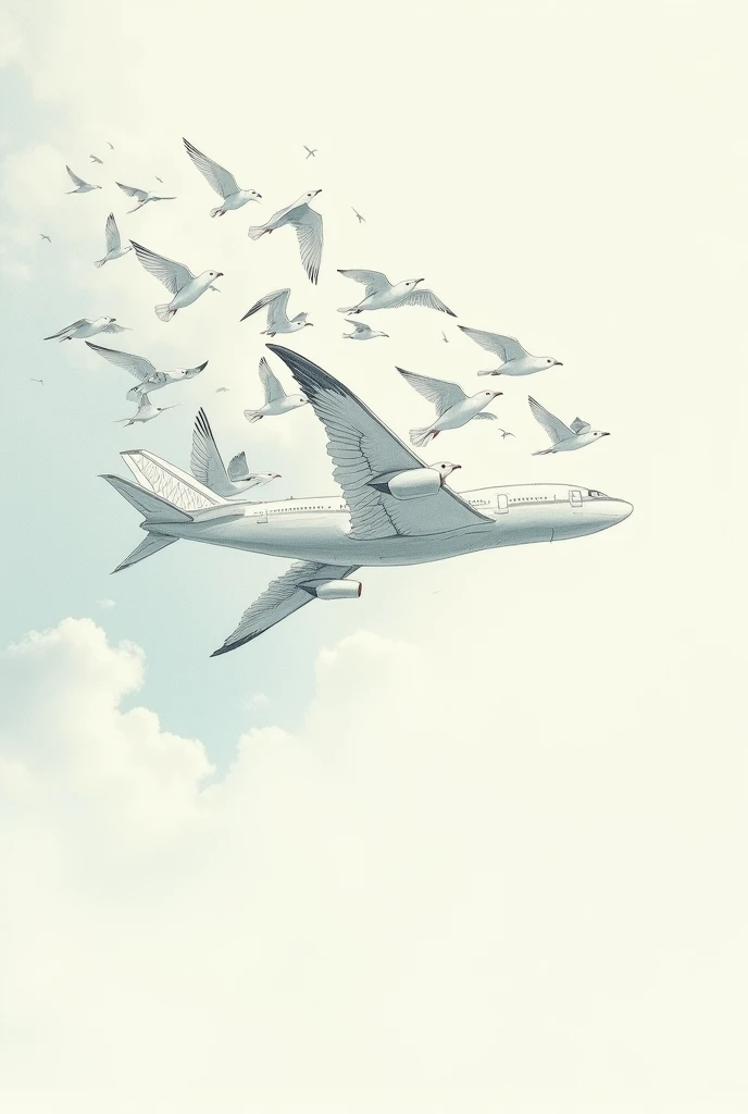 Make a drawing that contains several seagulls flying forming a drawing of an airplane 