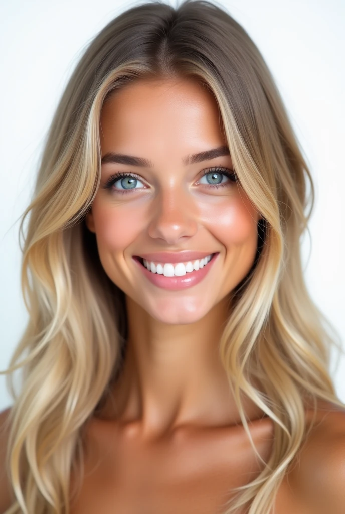 Belle fille de 20 ans, realistic, long hair, blond clair, blue eye, souriante, dent blanche, smooth hair, très realistic, cheveux très très plat, photo identité, sur fond png