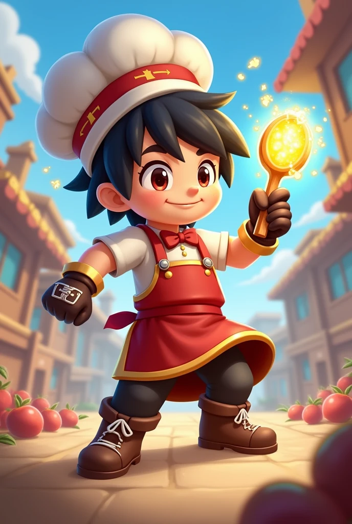 Create a brawler named Nino, who wears cooking clothes and uses a wooden spoon "magic" to attack your enemies, he has short black hair. Faça na textura do brawl stars.
