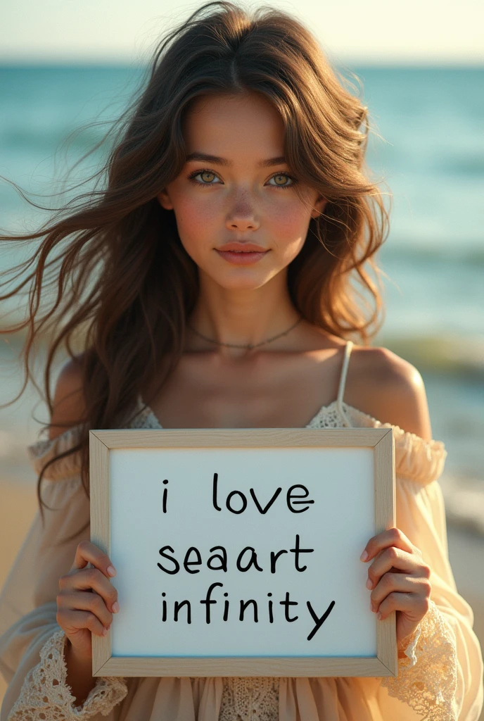 Beautiful girl with wavy long hair, bohemian dress, holding a white board with text "I Love Seaart Infinity" and showing it to the viewer