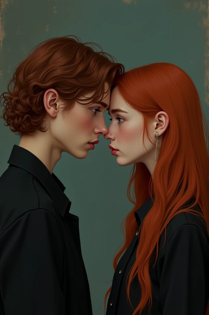 Timothee Chalamet with a 17-year-old red-haired, white-skinned girl, but not so much, of an approximate height of 1.67, long orange hair, dressed in black and y2k style, azel colored eyes, and a bit thin