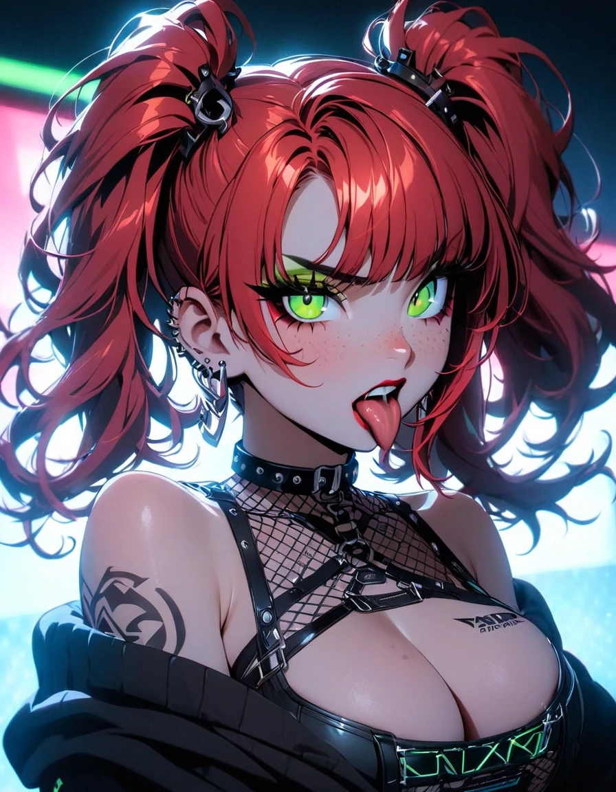 woman, curly red hair in pig tails, green eyes, eye shadow, black hoodie, black finger-less gloves, exposed shoulders, large breasts, freckles, cleavage, fishnet undershirt, looking at viewer, Holo-Punk Style, goth, earrings, eyelashes, makeup, solo, tattoo, punk aesthetic, cinematic lighting, masterpiece, best quality, face close up, sticking tongue out, two fingers