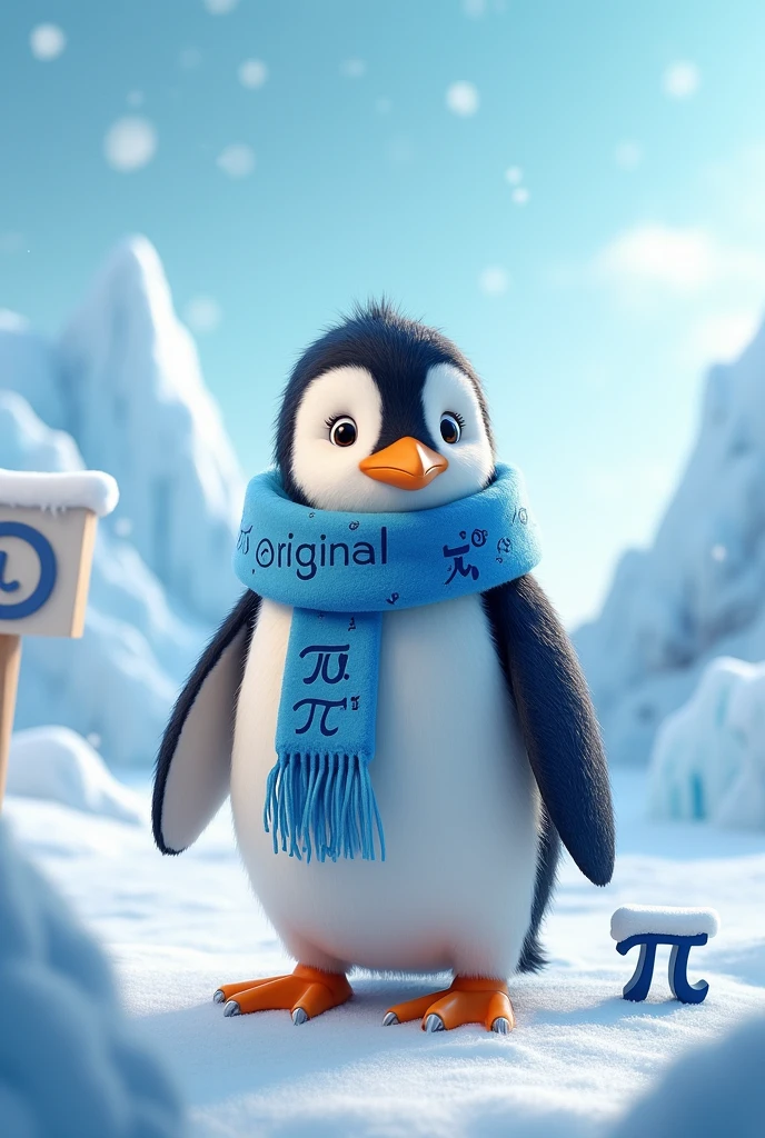The image I would like to create features a friendly penguin wearing a stylish scarf.. The scarf is blue with small π symbols (pi) spread throughout the print, creating a fun and mathematical pattern. The penguin is standing, with a friendly expression, and your name "Original PI" is written in small, elegant letters on the scarf or on a snow sign next to it. The background can be an icy landscape, with snow falling gently and perhaps some icebergs in the background, to complete the scene.