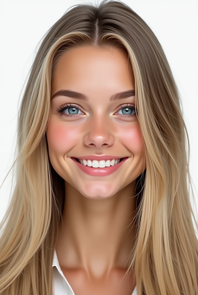 Belle fille de 20 ans, realistic, long hair, blond clair, blue eye, souriante, dent blanche, smooth hair, très realistic, cheveux très très plat, photo identité, sur fond png