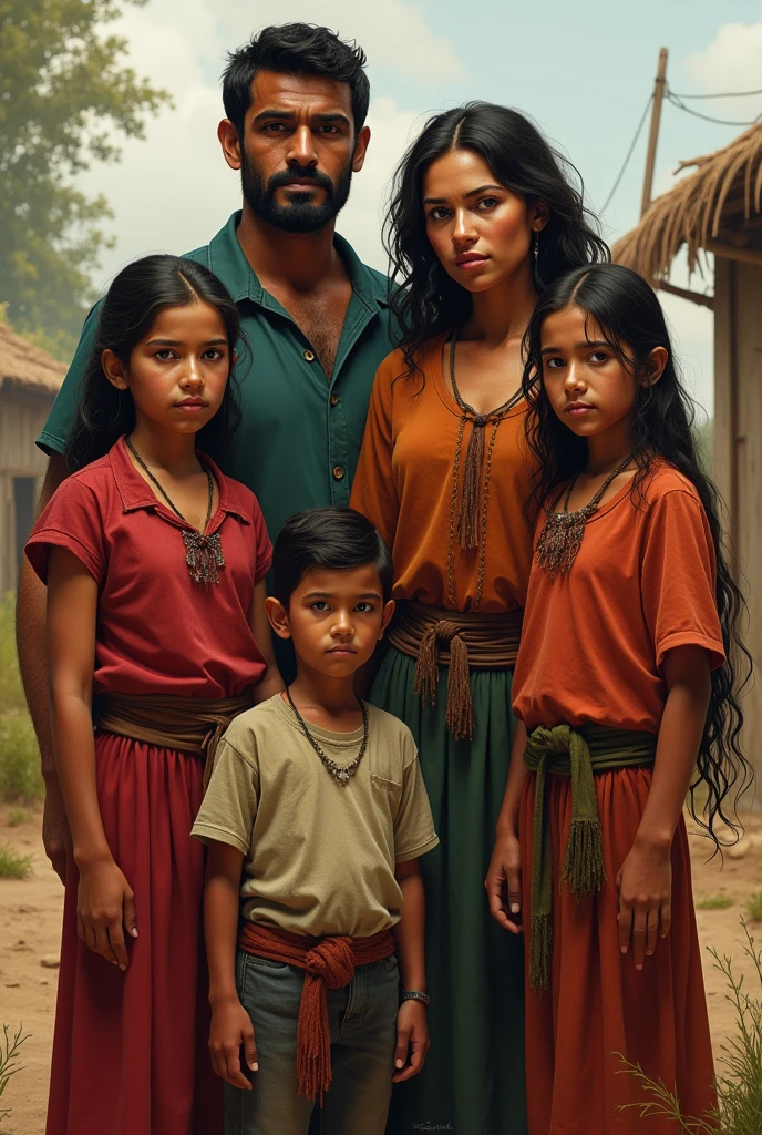 a family of dark-skinned peasants, the brown father, the black-haired mother, two daughters and a son, One is brown-haired and the other is black-haired like her brother.. It has a Mexican character