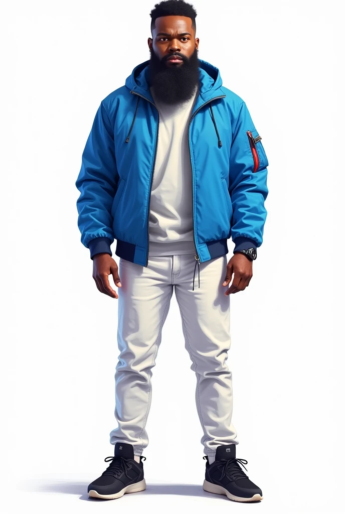 a drawing, high qualiy, bright coloured, one men, 30years, 85 kilos, light afro descendant, barba, Average height, stark, Seriously, Blue jacket, White pants, black sneakers, fully body, white background