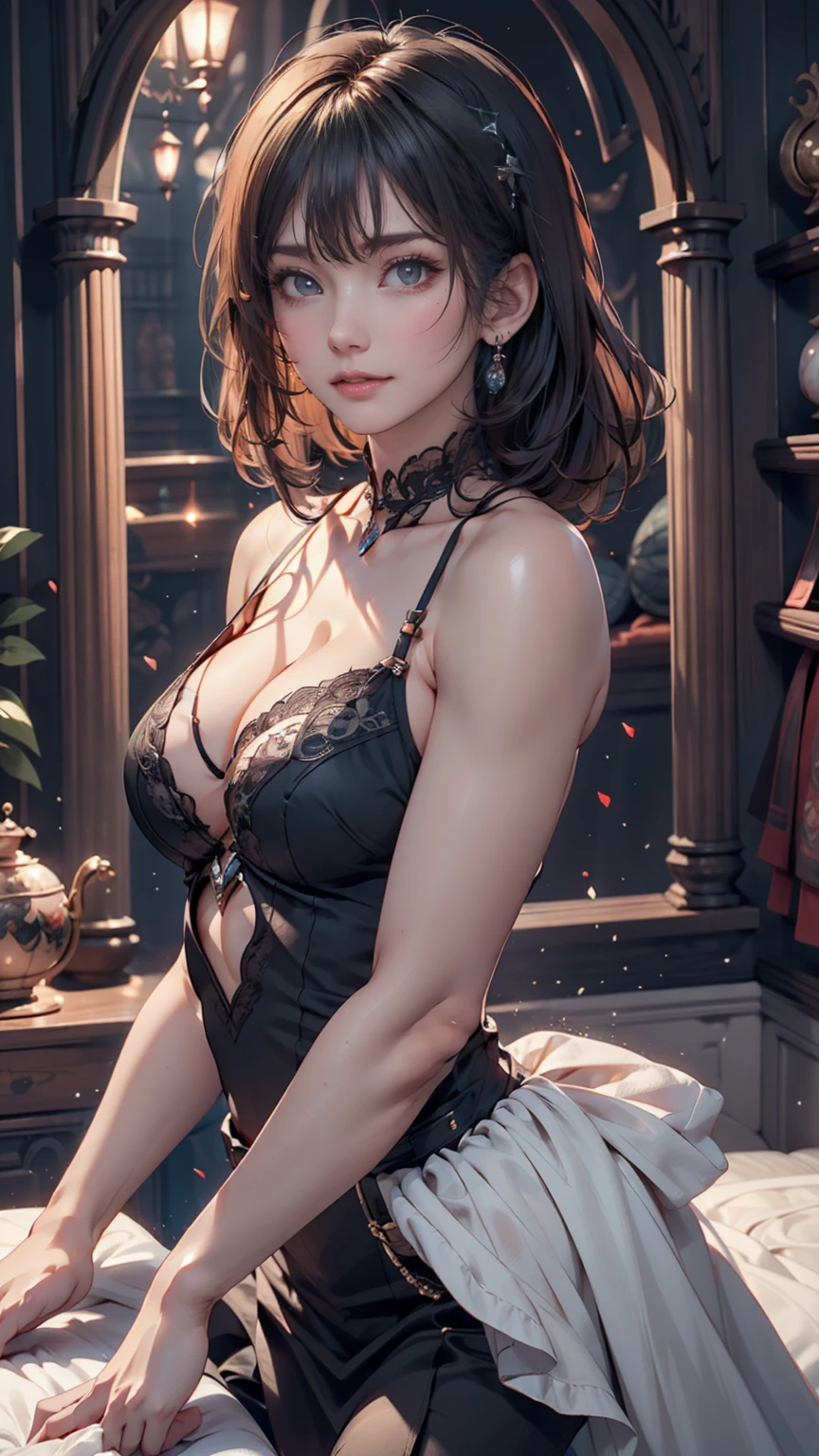 masterpiece, Highest quality, High resolution, One person, alone, Anastasia (Idol Master), Idol Master cinderella girls, blue eyes, short hair, Grey Hair, Black Dress, Cowboy Shot, , Mouth closed, upper_body,