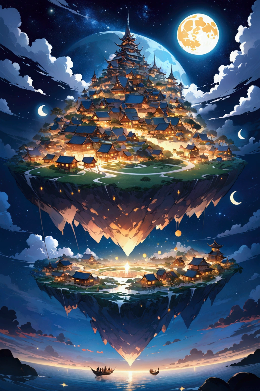 Perfect view、Many floating islands、Moon in the night sky、Stars and rings in the sky