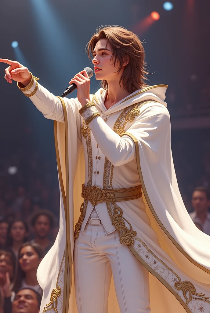 artwork best quality handsome american male teenager long brown hair light skin with white cape and hooded coat on head with gold details white long sleeve shirt and white pants underneath intricate details singing holding a microphone seen from afar pointing at the audience at a concert with details uhq 8k details